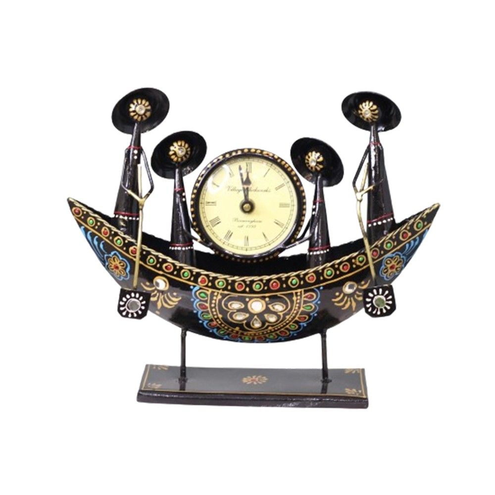 Small Ship Pen Holder With Clock Black Home Decorative Showpiece